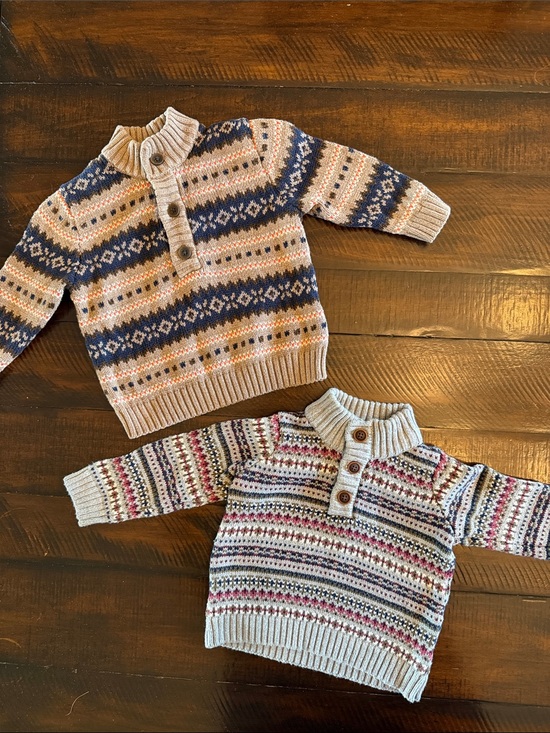 Janie and Jack Other - 2 Kids Fair Isle Button Knit Sweater - Beige & Cream and Grey and Maroon